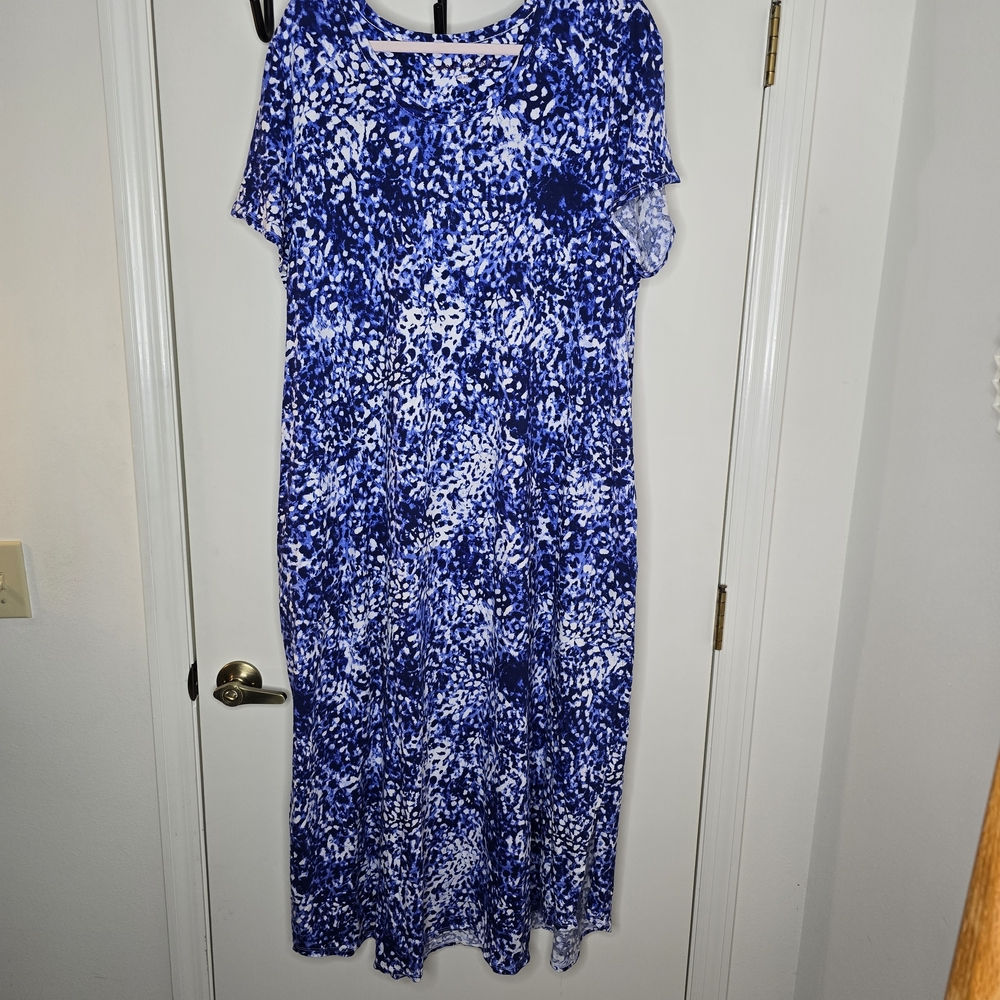 Blue Abstract Print Short Sleeve Maxi Dress 1X